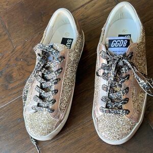 Golden Goose Gold Glitter Sneakers with Animal Print Laces